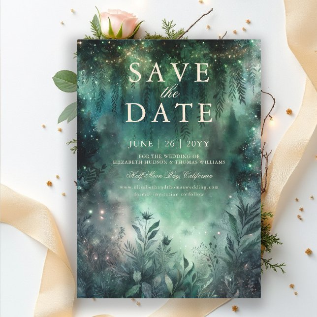 Enchanted Forest Green Mauve Wedding Save the Date Invitation (enchanted forest save the date wedding emerald green gold fairytale fairy greenery woodland magic)