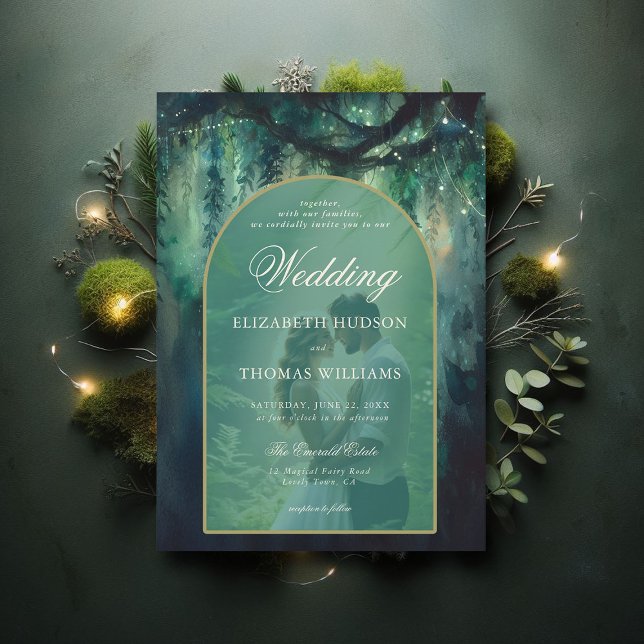 Enchanted Forest Greenery Boho Arch Photo Wedding Invitation (enchanted forest wedding theme invitation magical fairy garden boho arch photo overlay elegant chic)