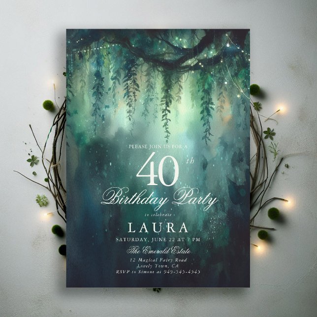 Enchanted Forest Greenery Fairy 40th Birthday Invitation (40th birthday invite for women enchanted forest garden greenery foliage emerald green woodland fairy)