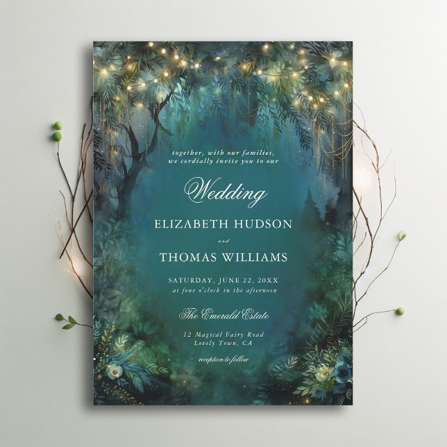 Enchanted Forest Greenery Fairy Gold Light Wedding Invitation (enchanted forest woodland wedding invitation emerald green gold magical bespoke romantic)