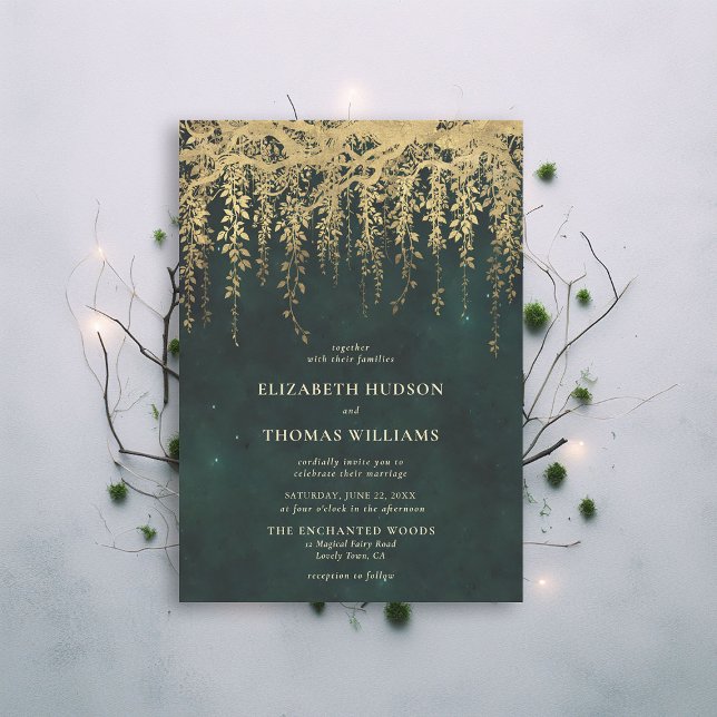 Enchanted Forest Greenery Fairy Gold Wedding Invitation (enchanted forest gold vines wedding invitation magical fairy garden gold emerald elegant formal chic)