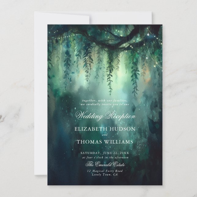 Enchanted Forest Greenery Lights Wedding Reception Invitation (Front)