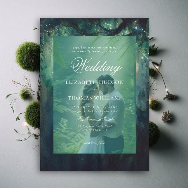 Enchanted Forest Hanging Greenery Photo Wedding Invitation (enchanted forest photo wedding invitation magical garden fairy lights hanging vines greenery emerald)