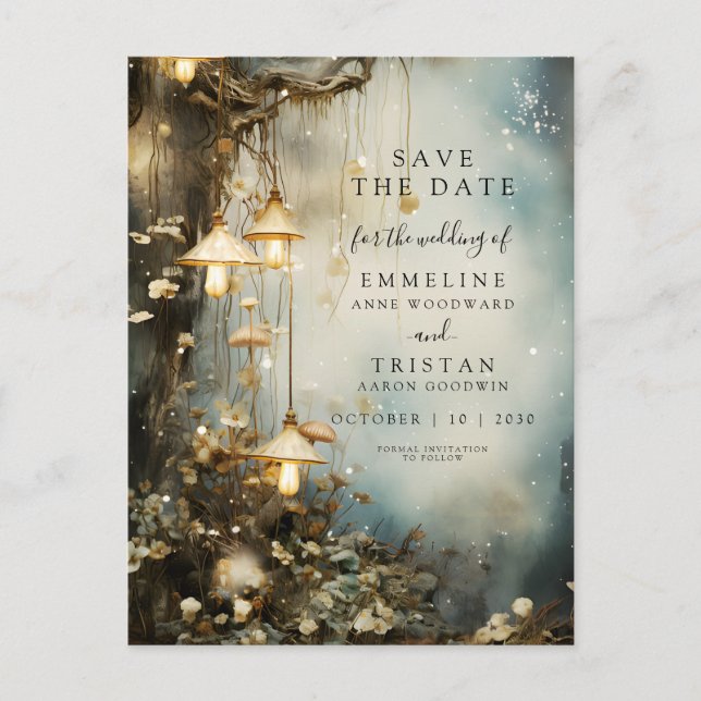 Enchanted Forest Hanging Lanterns Wedding  Announcement Postcard (Front)