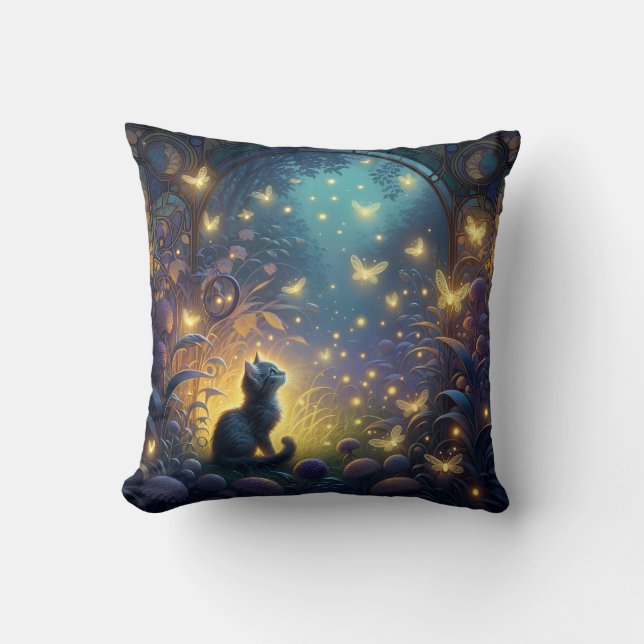Enchanted Forest Kitten Fantasy Illustration Cushion (Front)