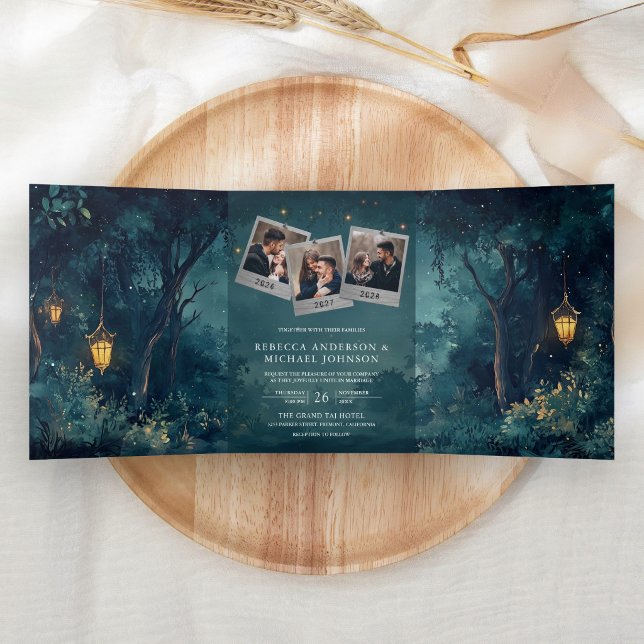 Enchanted Forest Lanterns Photo QR Code Wedding Tri-Fold Invitation (Inside)