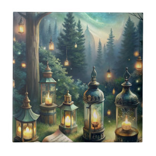 Enchanted Forest Lanterns Under Moonlight Ceramic Tile