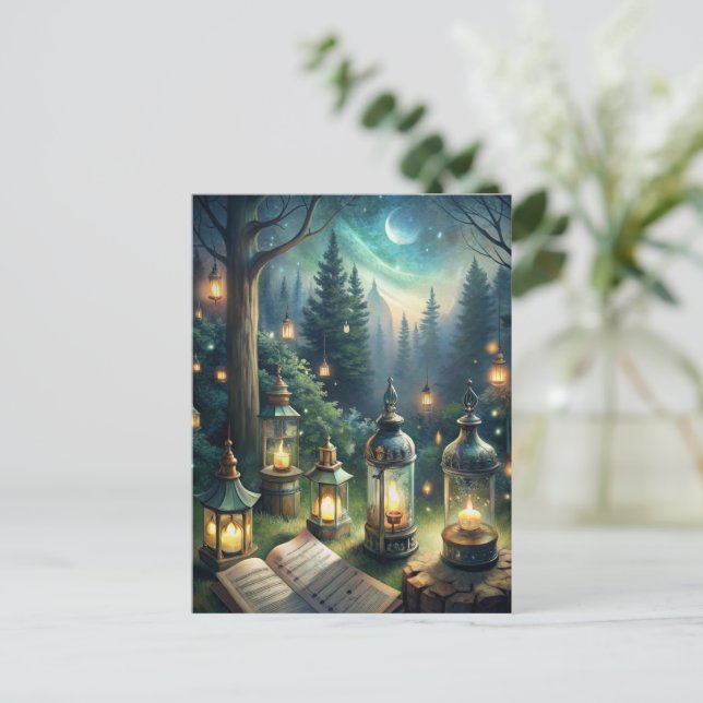 Enchanted Forest Lanterns Under Moonlight Postcard (Standing Front)