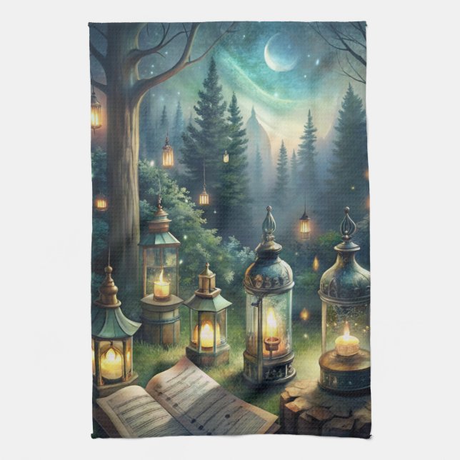 Enchanted Forest Lanterns Under Moonlight Tea Towel (Vertical)