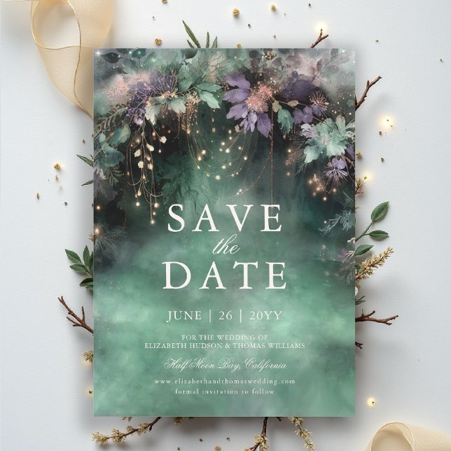 Enchanted Forest Lavender Wedding Save the Date Invitation (enchanted forest save the date wedding emerald green gold fairytale fairy garden woodland magic)