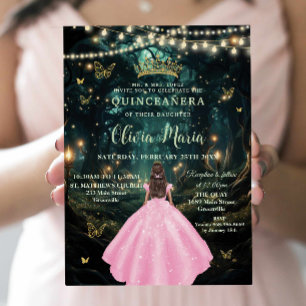 Enchanted Forest Light Pink Dress Gold Quinceañera Invitation