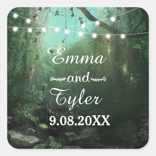 Enchanted Forest Lights Rustic Save the Date Square Sticker (Front)