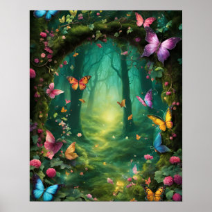 Enchanted Forest Magic GREEN butterflies flowers Poster