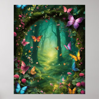 Enchanted Forest Magic GREEN butterflies flowers Poster