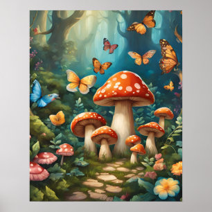 Enchanted Forest Magic Mushroom Butterflies Flower Poster