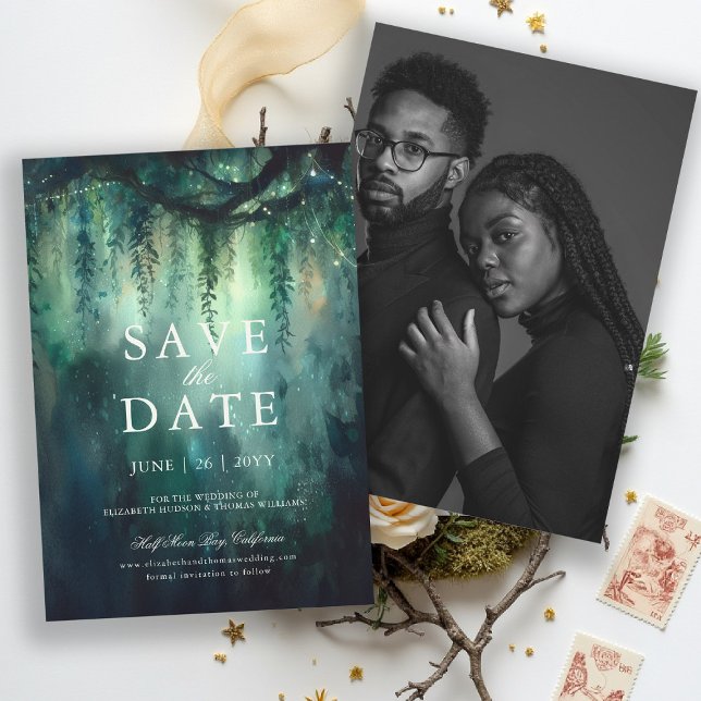 Enchanted Forest Magic Photo Wedding Save the Date Invitation (enchanted forest save the date photo wedding emerald green gold fairytale fairy greenery woodland)