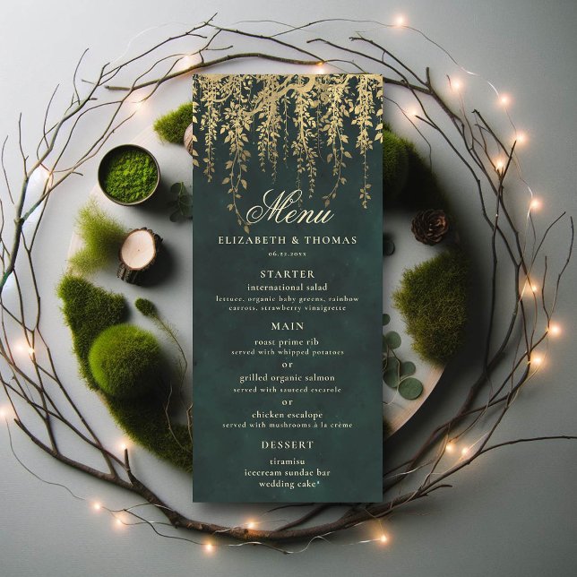 Enchanted Forest Magical Gold Foliage Wedding Menu (wedding menu card enchanted forest fairytale gold vines calligraphy)