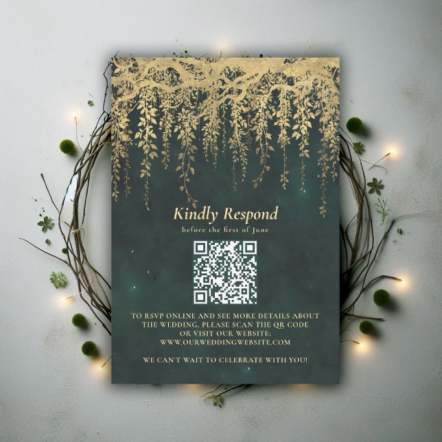 Enchanted Forest Magical Gold Vine Wedding QR RSVP Card (enchanted forest wedding rsvp qr code hanging greenery vines emerald green gold modern classic)