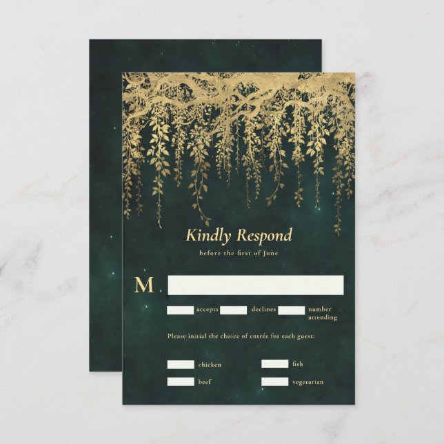 Enchanted Forest Magical Gold Vines Wedding RSVP (Front/Back)