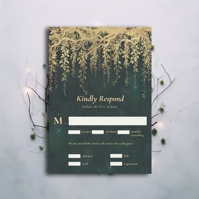 Enchanted Forest Magical Gold Vines Wedding RSVP Card (Enchanted Forest Magical Gold Vines Wedding RSVP draped foliage emerald green moody dark)
