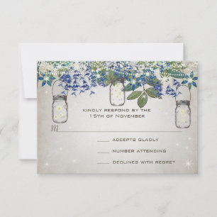 Enchanted Forest Mason Jar Blue Silver Greenery RSVP Card