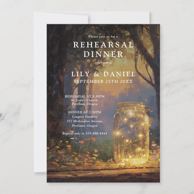 Enchanted Forest Mason Jar Rehearsal Dinner Invitation (Front)