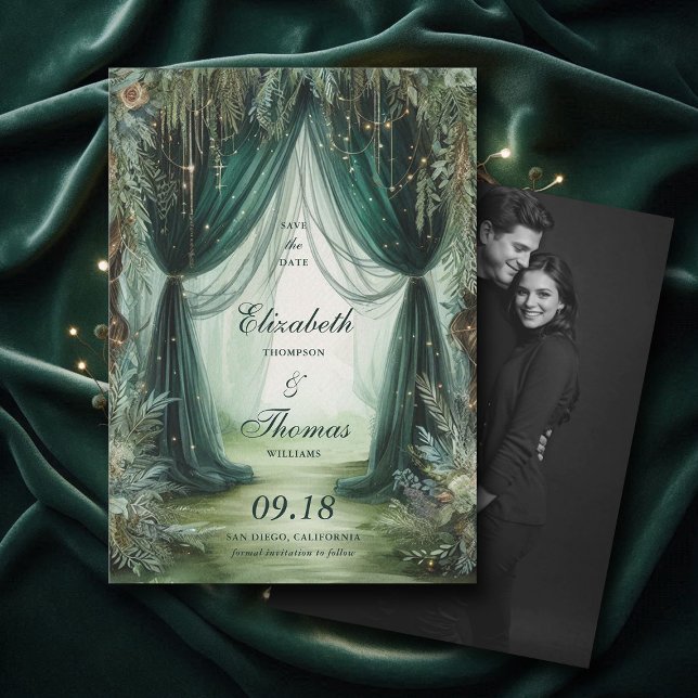Enchanted Forest Moody Calligraphy Photo Wedding Save The Date (enchanted forest woodland wedding save the date calligraphy fairy tale elegant moody emerald green)