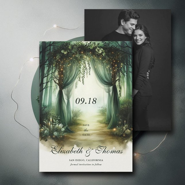 Enchanted Forest Moody Woodland Photo Wedding Save The Date (enchanted forest woodland wedding save the date arch canopy calligraphy fairy tale magic moody green)