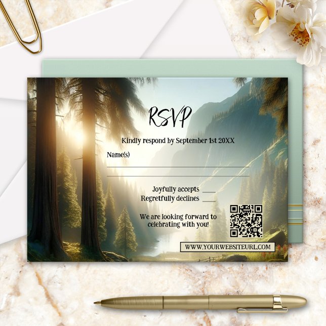 Enchanted Forest Mountain Wedding  RSVP Card (RSVP card featuring a painting of an enchanted forest in a mountain landscape - with QR code)