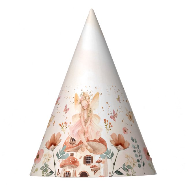 Enchanted Forest Mushroom Girl's First Birthday  Party Hat (Front)