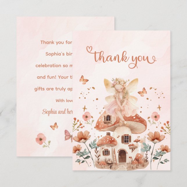 Enchanted Forest Mushroom Girl's First Birthday Thank You Card (Front/Back)