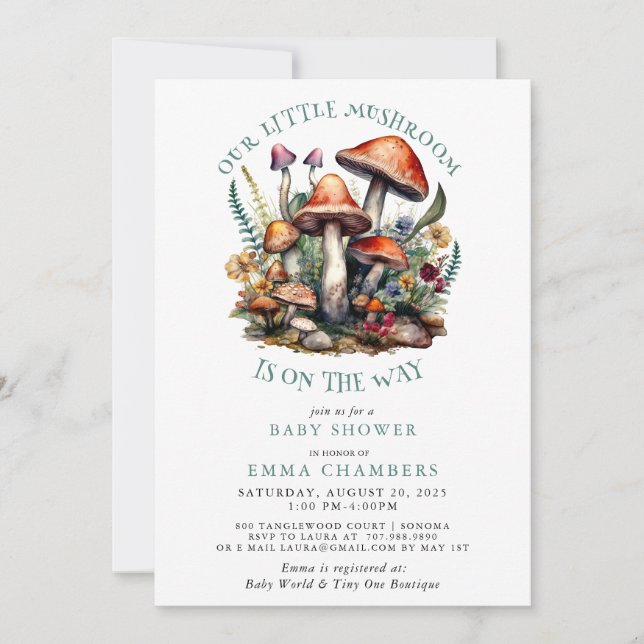 Enchanted Forest Mushrooms Baby Shower Invitation (Front)