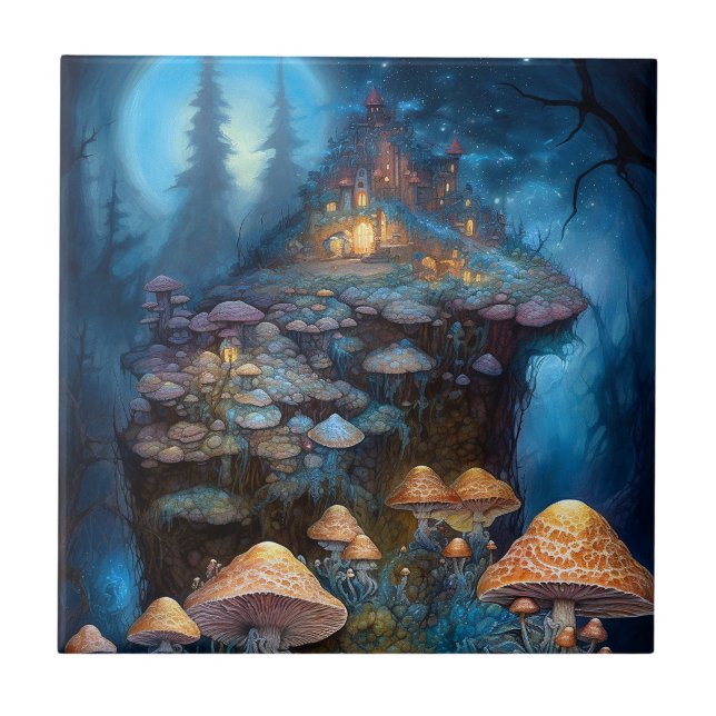 Enchanted Forest Mushrooms Castle Fantasy Art Ceramic Tile (Front)