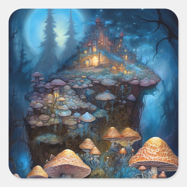 Enchanted Forest Mushrooms Castle Fantasy Art Square Sticker (Front)