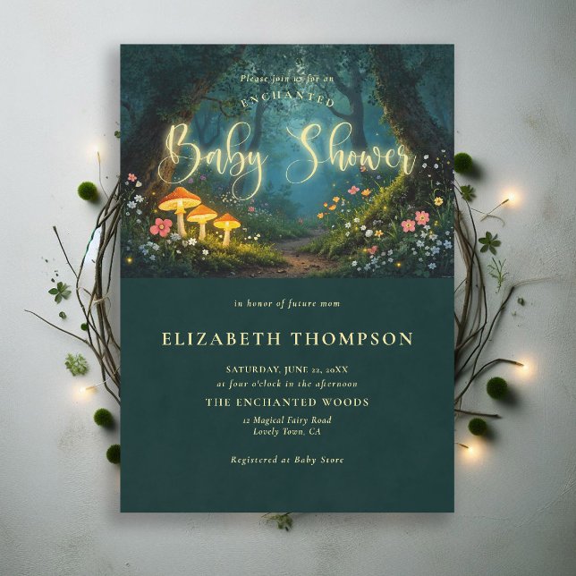 Enchanted Forest Mushrooms Glow Script Baby Shower Invitation (enchanted forest baby shower theme invite magical fairy tale mushrooms woodland wildflowers fantasy )