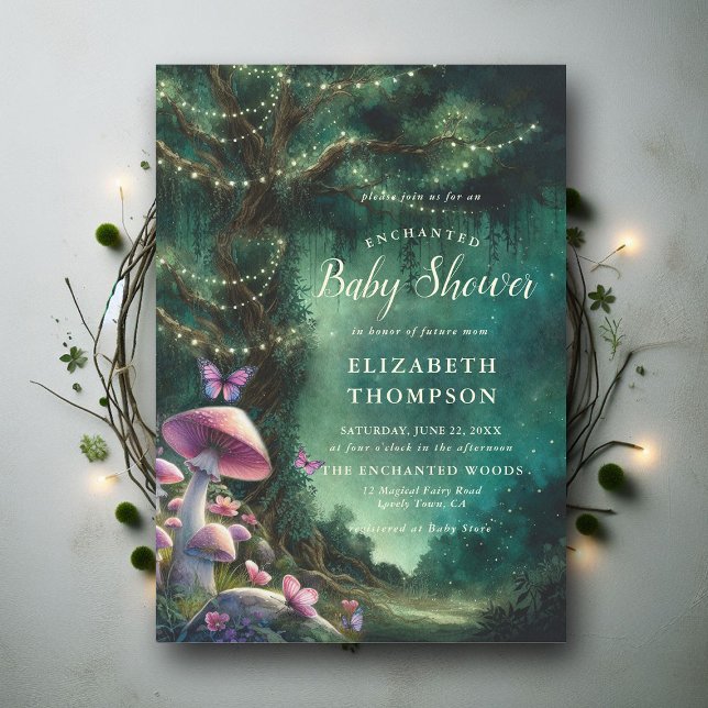 Enchanted Forest Mushrooms Pink Green Baby Shower Invitation (enchanted forest baby shower fairy tale faerie mushrooms butterflies green purple lavender elegant)