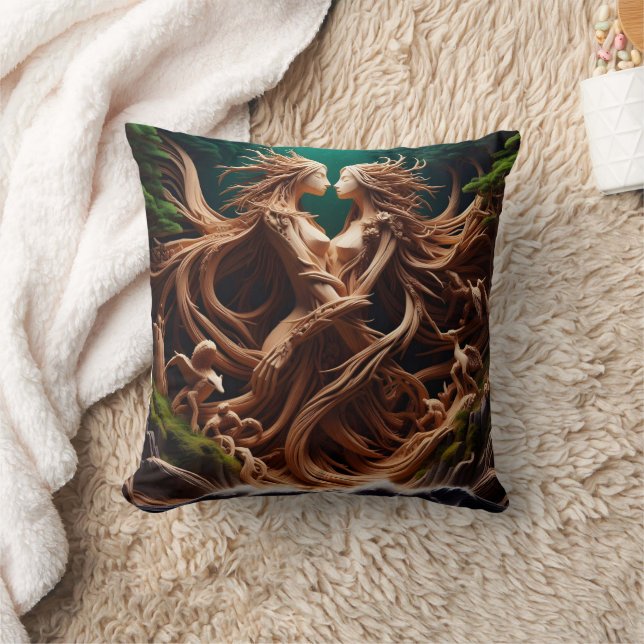 Enchanted Forest Nymphs Embracing by Waterfall Cushion (Blanket)