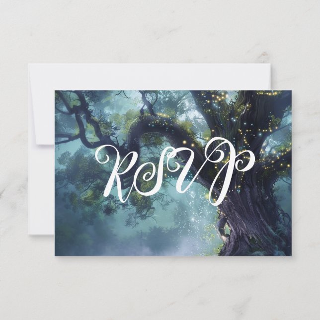 Enchanted Forest Oak Tree Fairy Lights RSVP Invitation (Back)