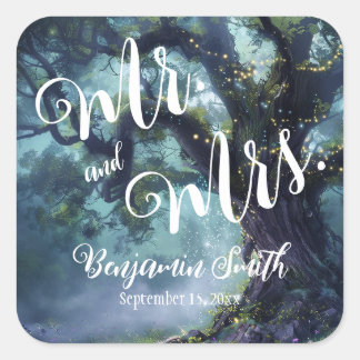 Enchanted Forest Oak Tree Fairy Lights Wedding Square Sticker