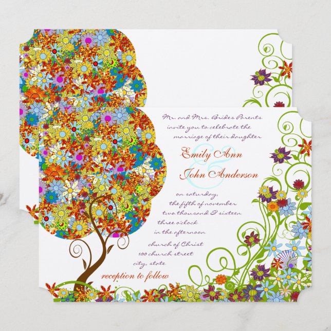 Enchanted Forest Patchwork Floral Fairy Tale Tree Invitation (Front/Back)