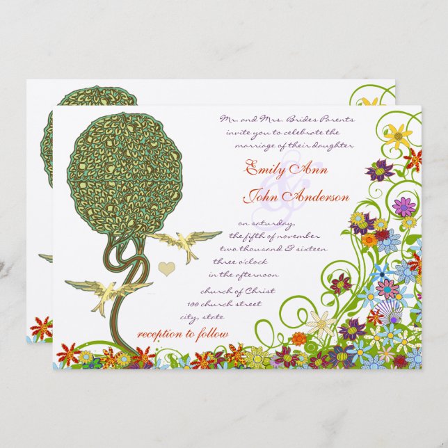 Enchanted Forest Patchwork Floral Fairy Tale Tree Invitation (Front/Back)