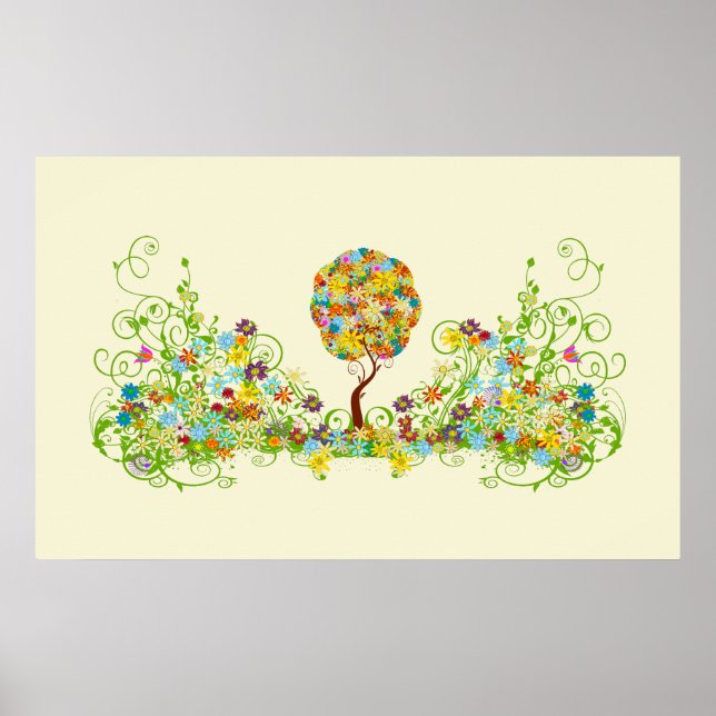 Enchanted Forest Patchwork Floral Fairy Tale Tree Poster (Front)