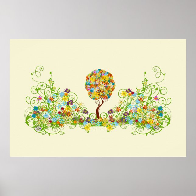 Enchanted Forest Patchwork Floral Fairy Tale Tree Poster (Front)