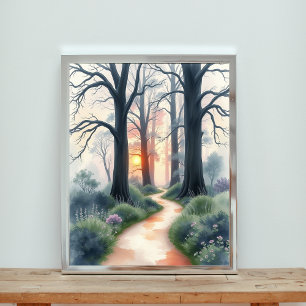 Enchanted Forest Path at Sunset Poster