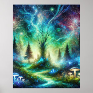 Enchanted Forest Path Glowing Mushrooms Cosmic Sky Poster