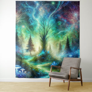 Enchanted Forest Path Glowing Mushrooms Cosmic Sky Tapestry
