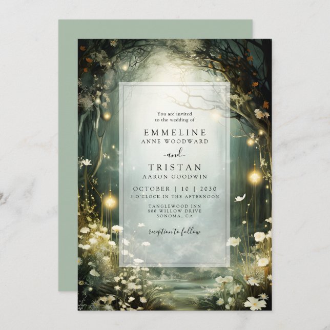 Enchanted Forest Path Of Flowers Green Wedding Invitation (Front/Back)