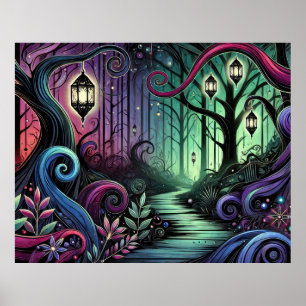 Enchanted Forest Path with Glowing Lanterns Poster