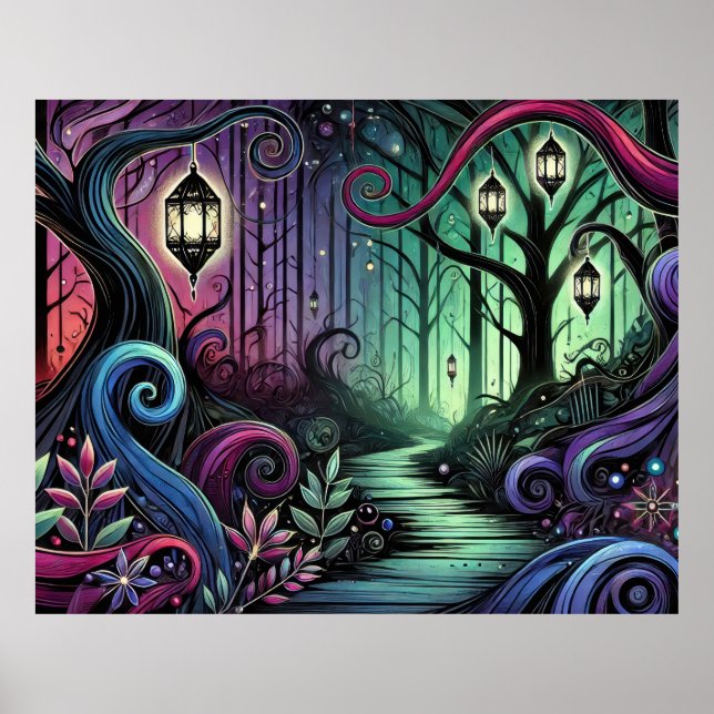 Enchanted Forest Path with Glowing Lanterns Poster (Front)