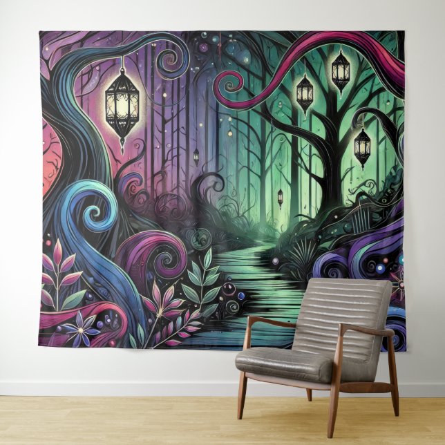 Enchanted Forest Path with Glowing Lanterns Tapestry (In Situ (Horizontal))